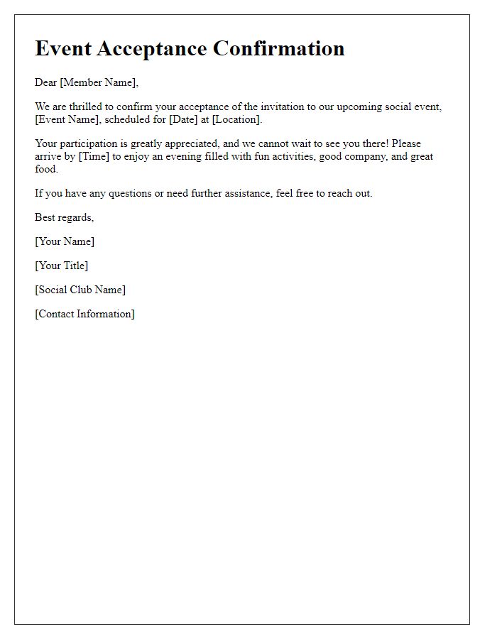 Letter template of social club social event acceptance confirmation