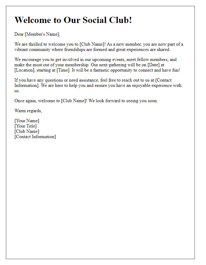 Letter template of Introductory Welcome for Social Club New Members