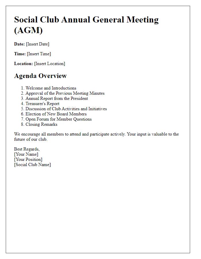 Letter template of agenda overview for social club AGM