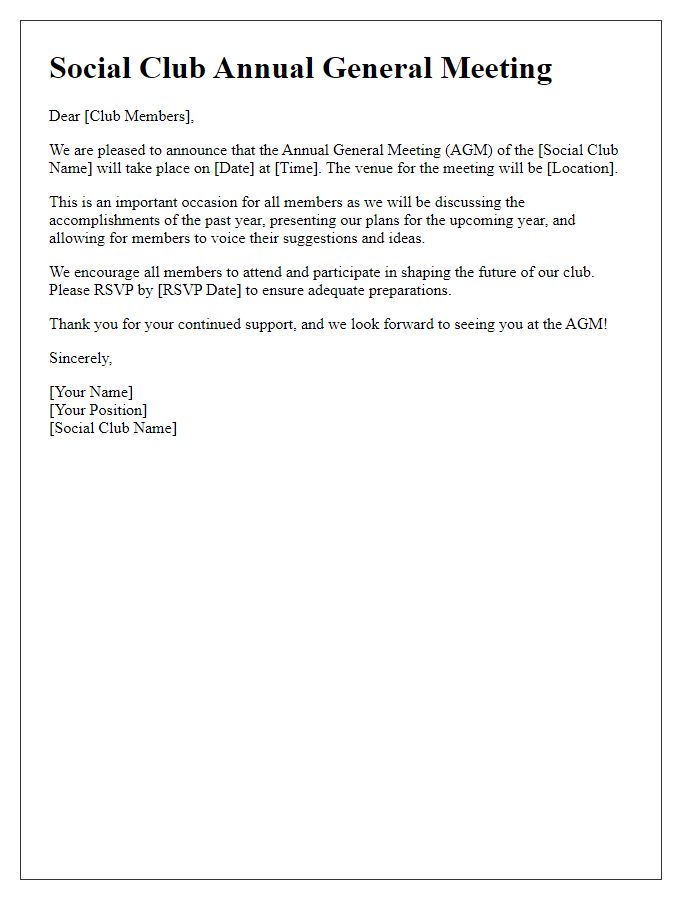 Letter template of announcement for upcoming social club AGM