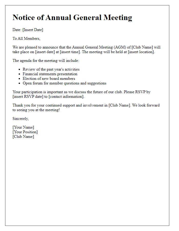 Letter template of Annual General Meeting notice for social club members