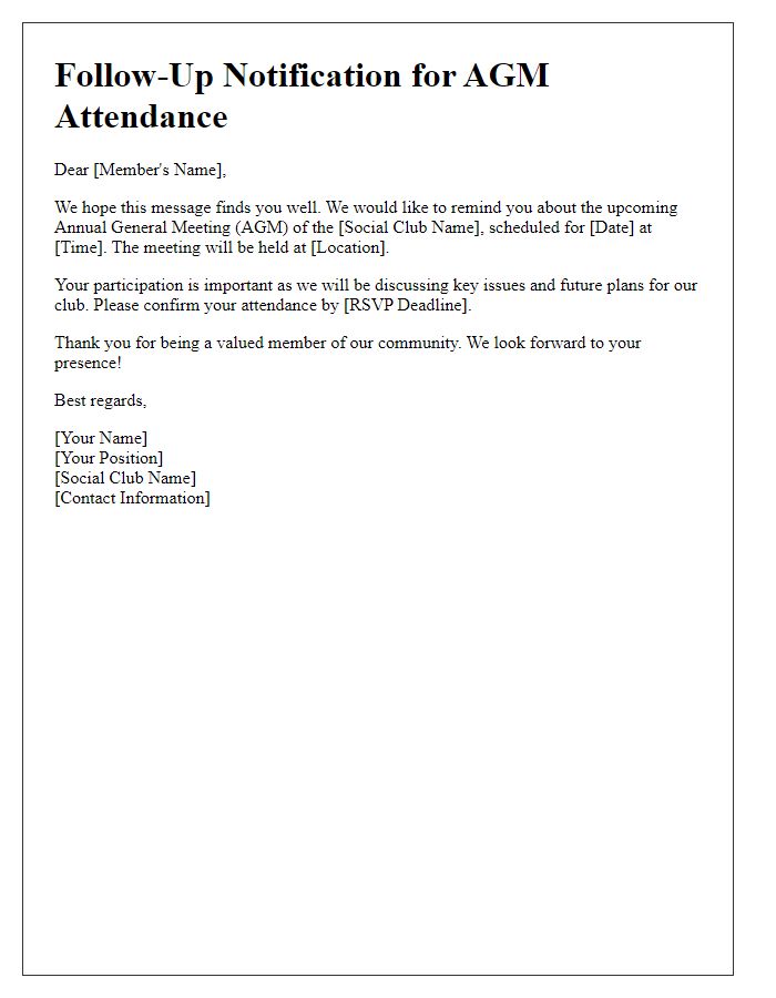 Letter template of follow-up notification for social club AGM attendance