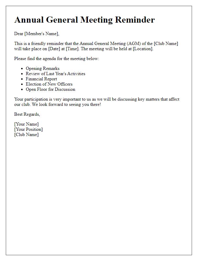 Letter template of meeting reminder for social club Annual General Meeting