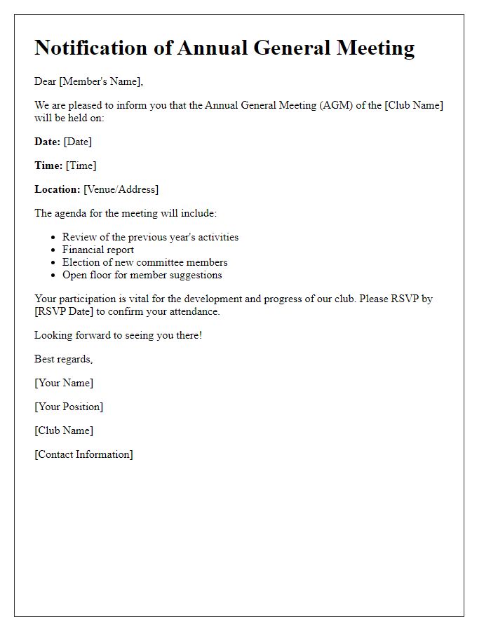 Letter template of notification for social club AGM gathering