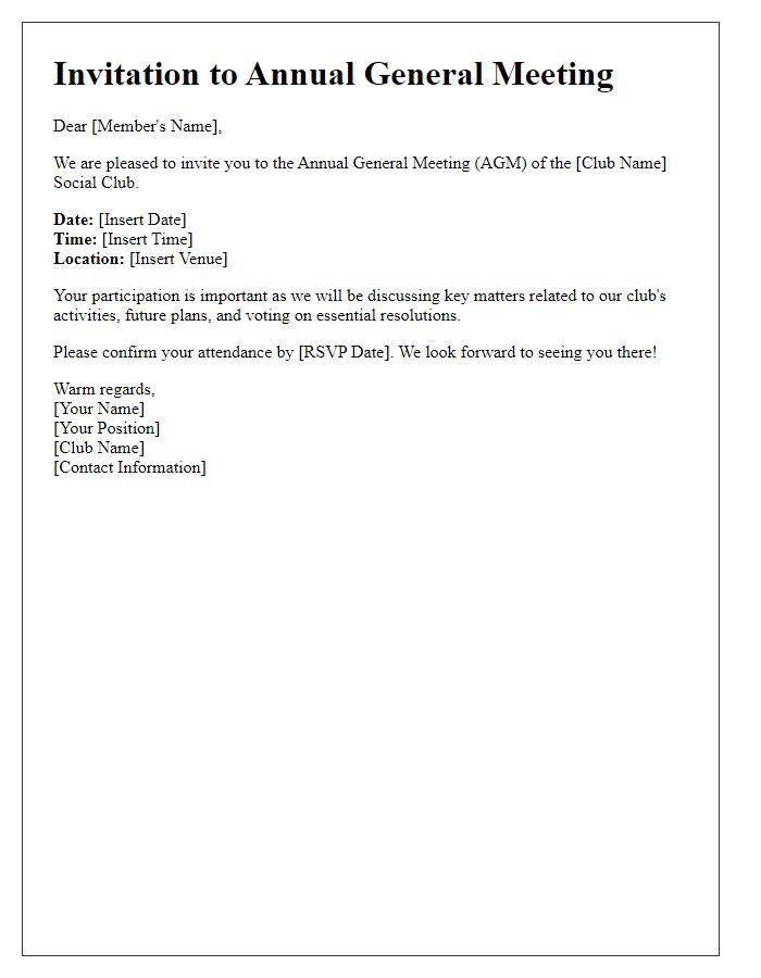 Letter template of participation invitation for social club AGM