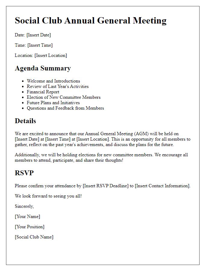 Letter template of summary and details for social club AGM meeting