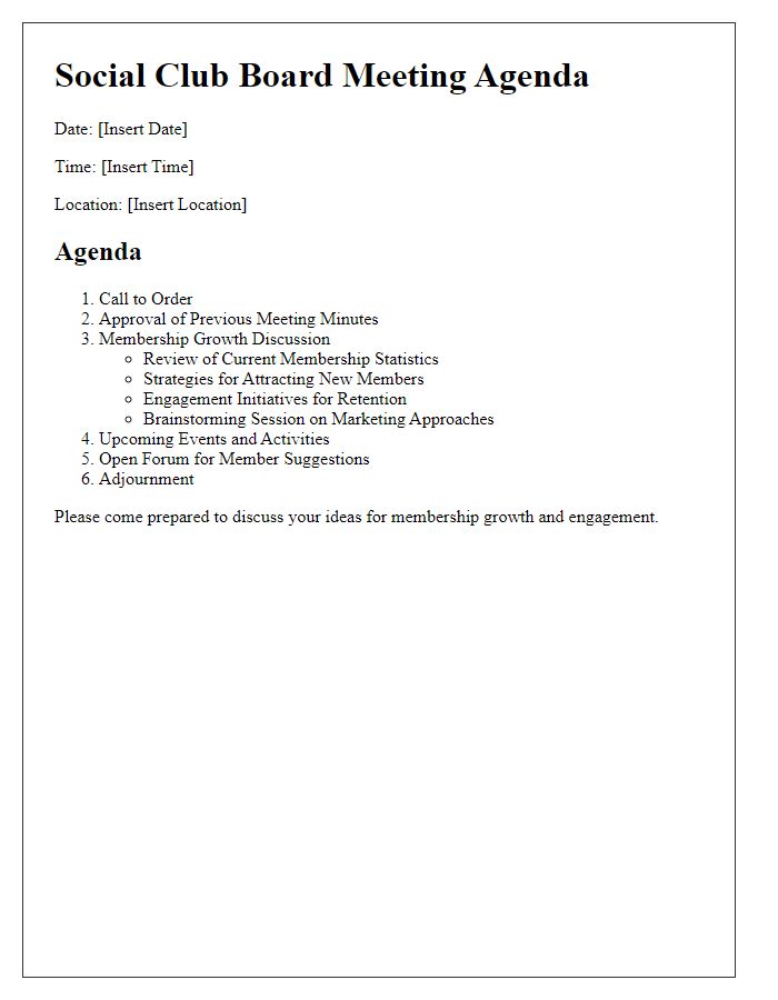 Letter template of social club board meeting agenda addressing membership growth