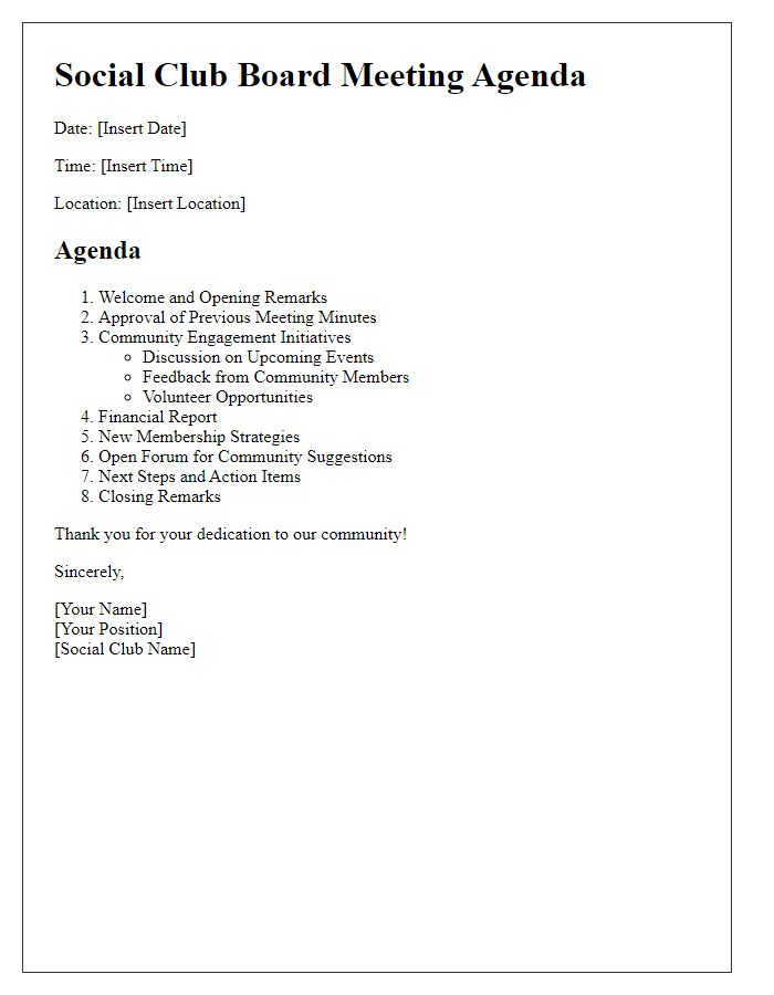 Letter template of social club board meeting agenda for community engagement