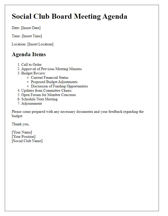 Letter template of social club board meeting agenda concerning budget review