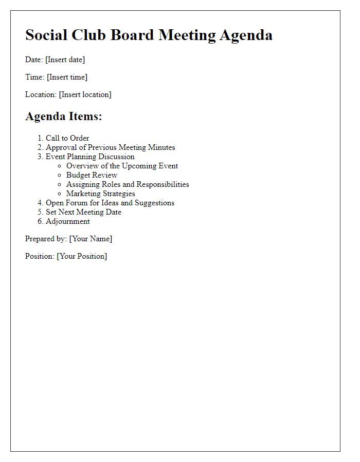 Letter template of social club board meeting agenda for event planning