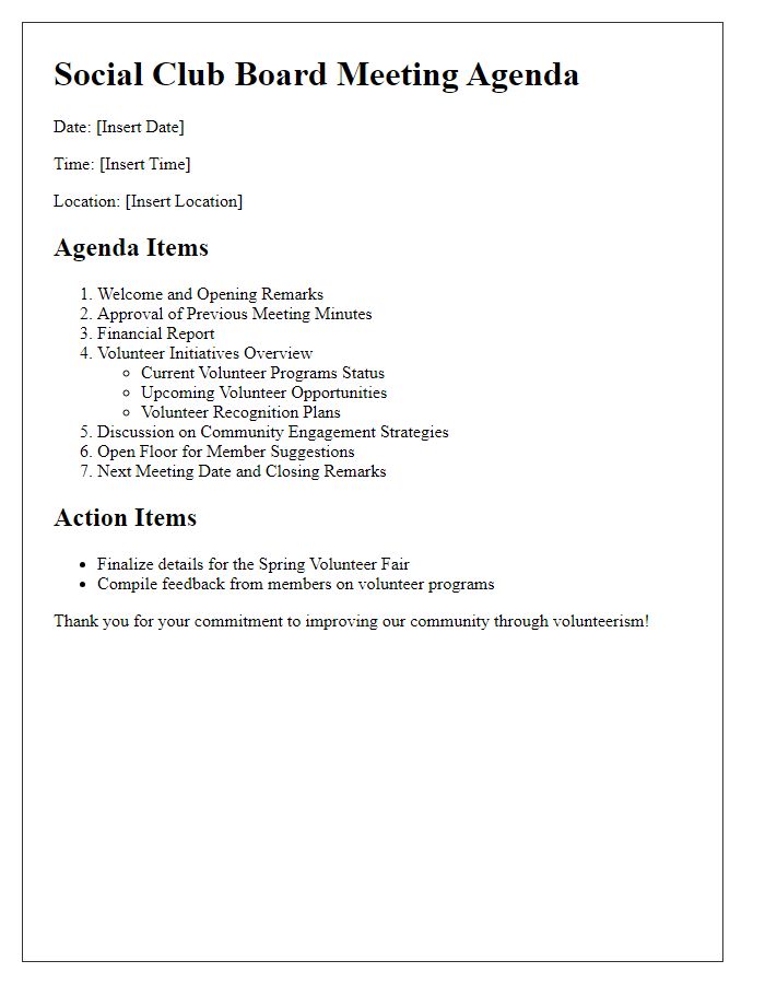 Letter template of social club board meeting agenda highlighting volunteer initiatives