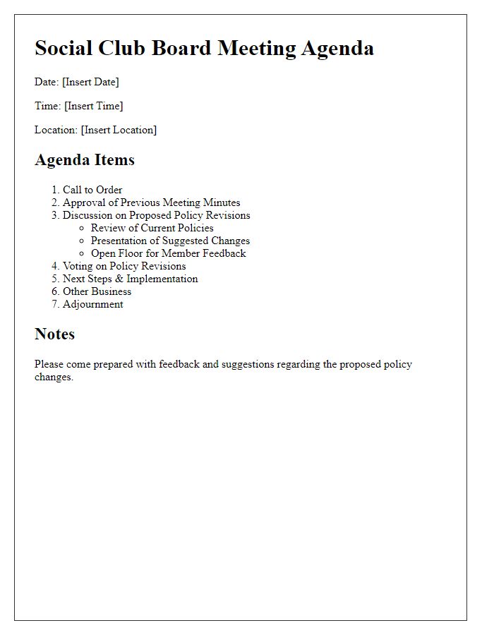 Letter template of social club board meeting agenda on policy revisions