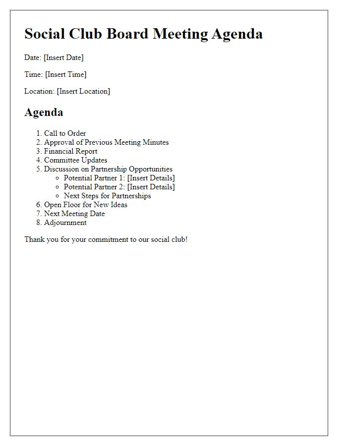 Letter template of social club board meeting agenda for partnership opportunities