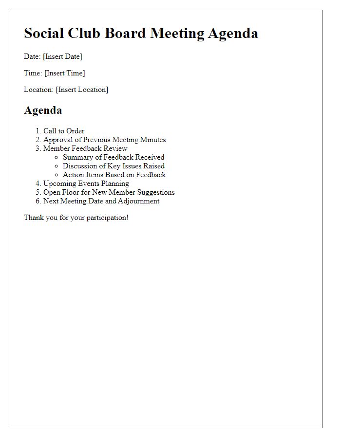 Letter template of social club board meeting agenda related to member feedback