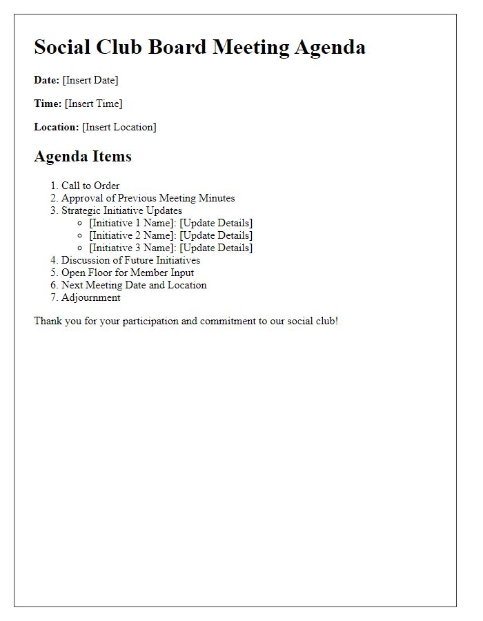 Letter template of social club board meeting agenda for strategic initiative updates