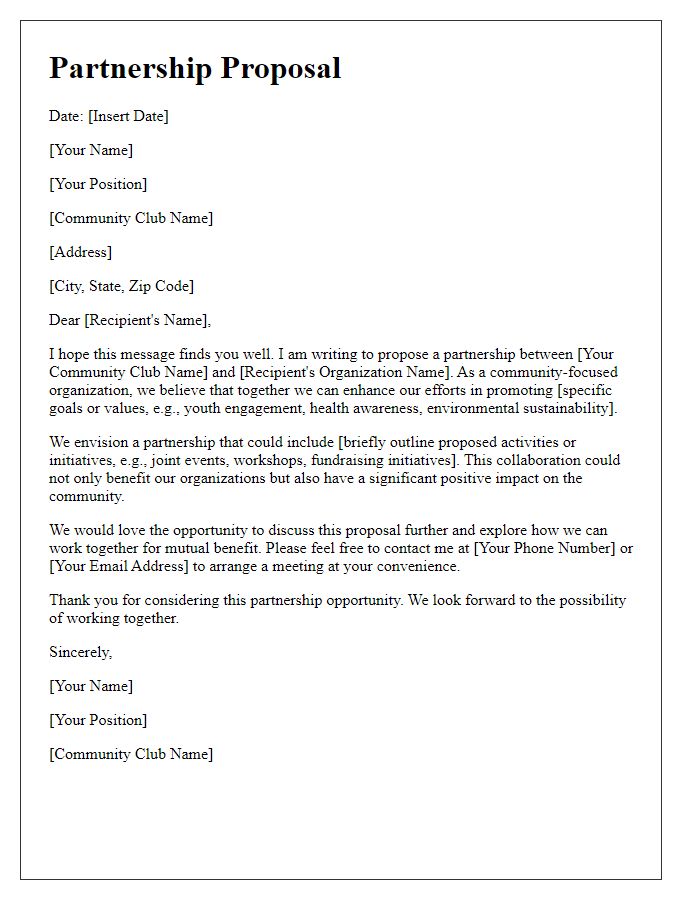 Letter template of a community club partnership suggestion