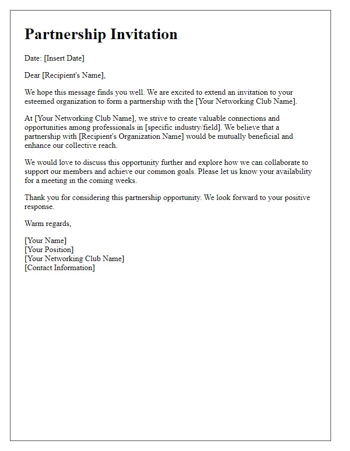 Letter template of a networking club partnership invitation