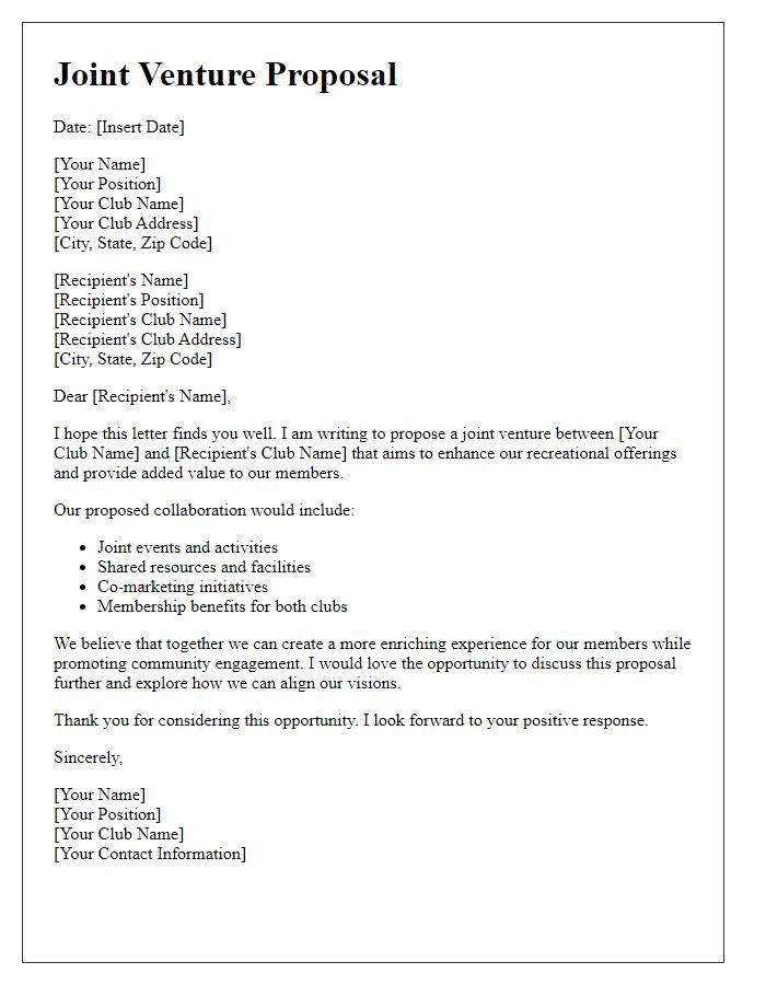 Letter template of a recreational club joint venture proposal