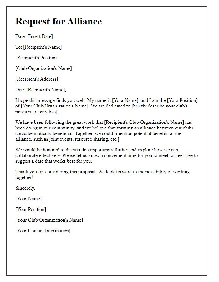 Letter template of a social club alliance request