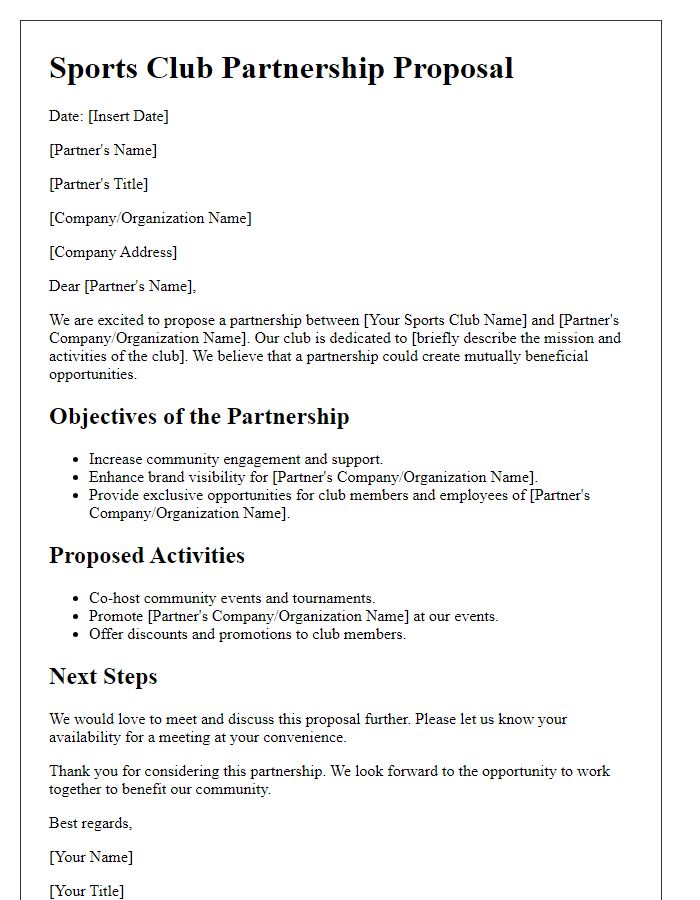 Letter template of a sports club partnership outline