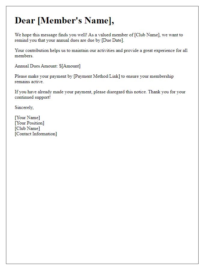 Letter template of social club annual dues reminder