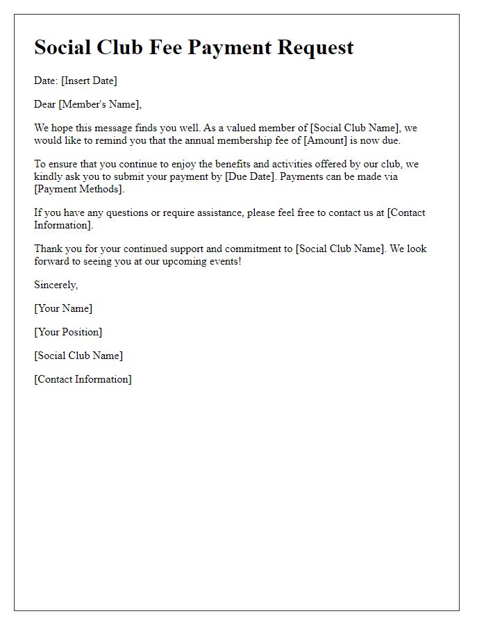 Letter template of social club fee payment request