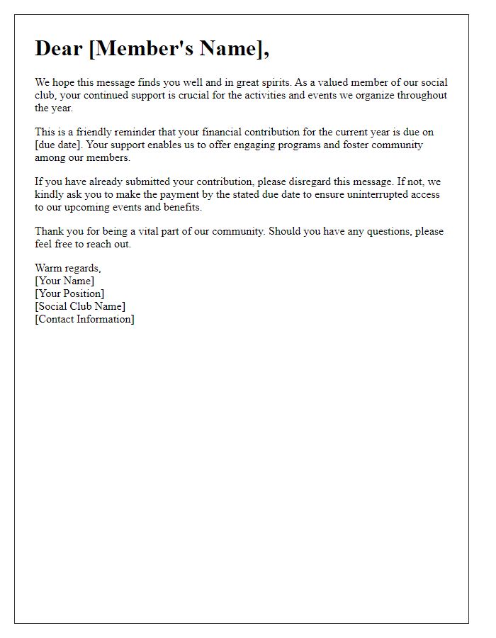 Letter template of social club financial support reminder