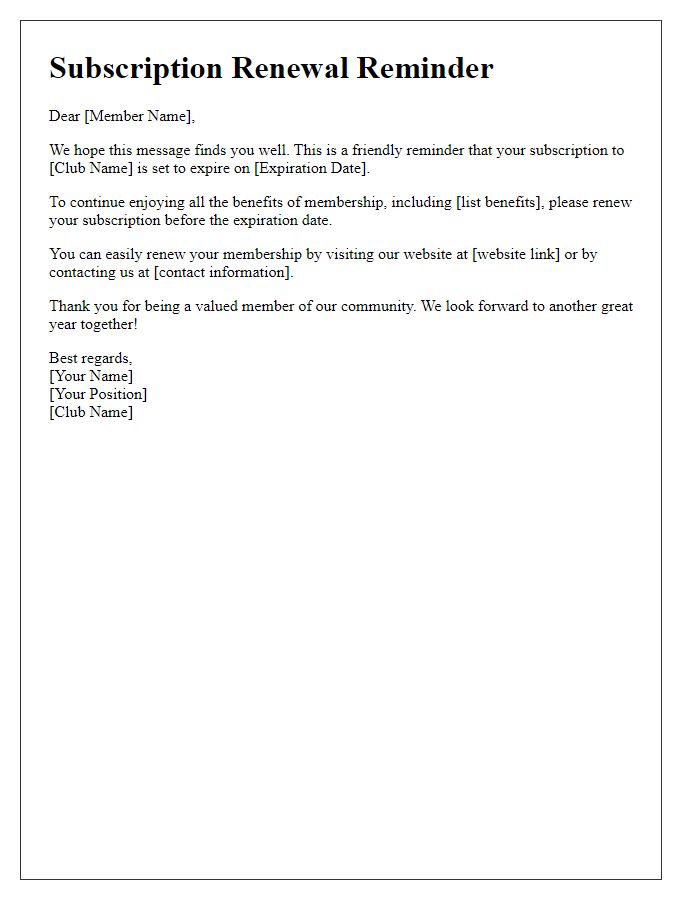 Letter template of social club subscription renewal alert