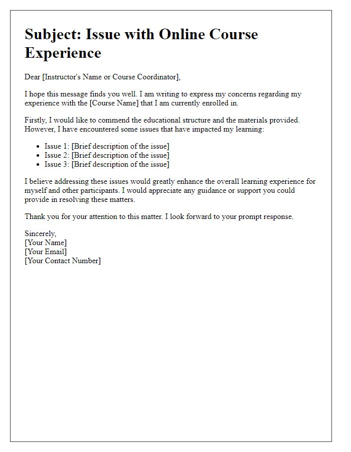 Letter template of online course experience issue