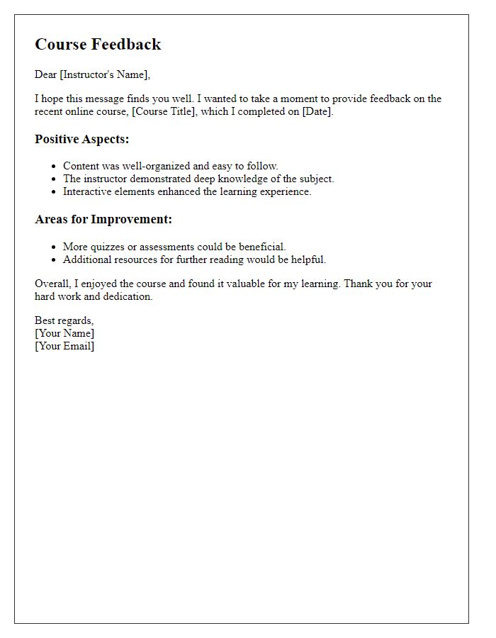 Letter template of online course feedback