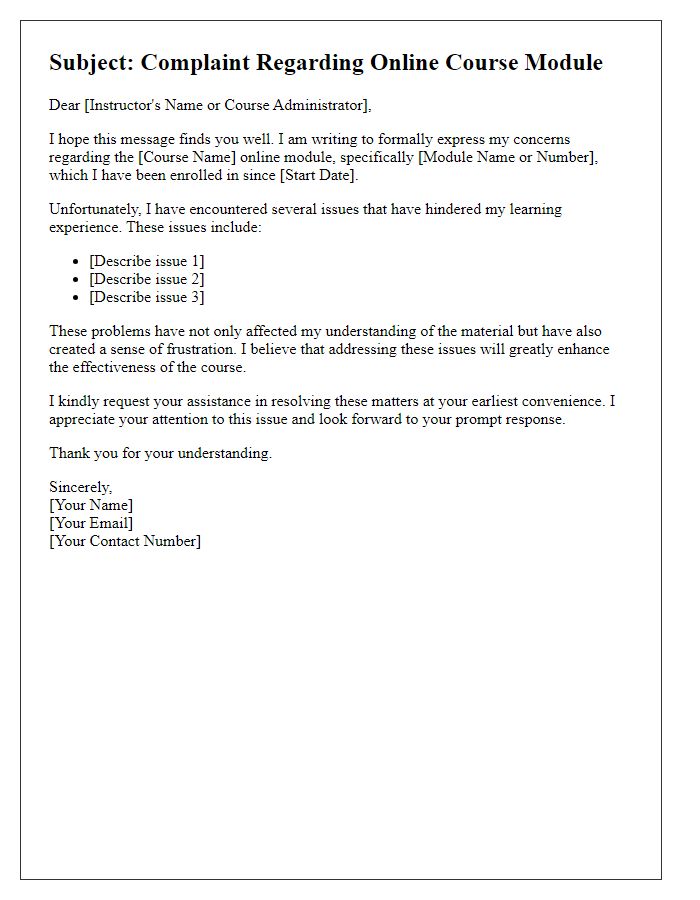 Letter template of online course module complaint