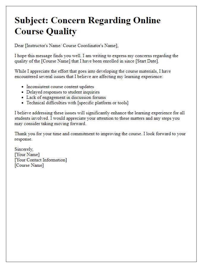 Letter template of online course quality concern