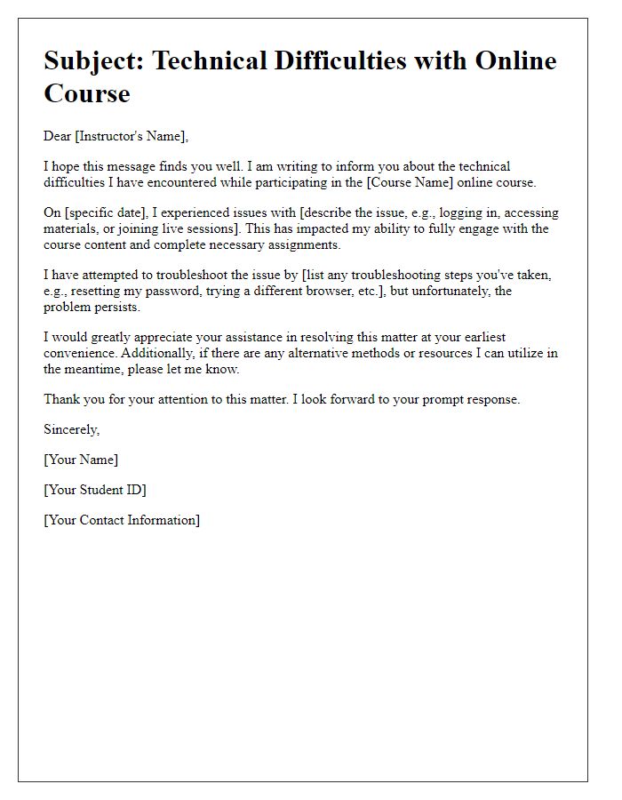 Letter template of online course technical difficulties