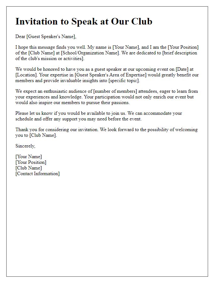 Letter template of appeal for guest speaker participation in club activities.