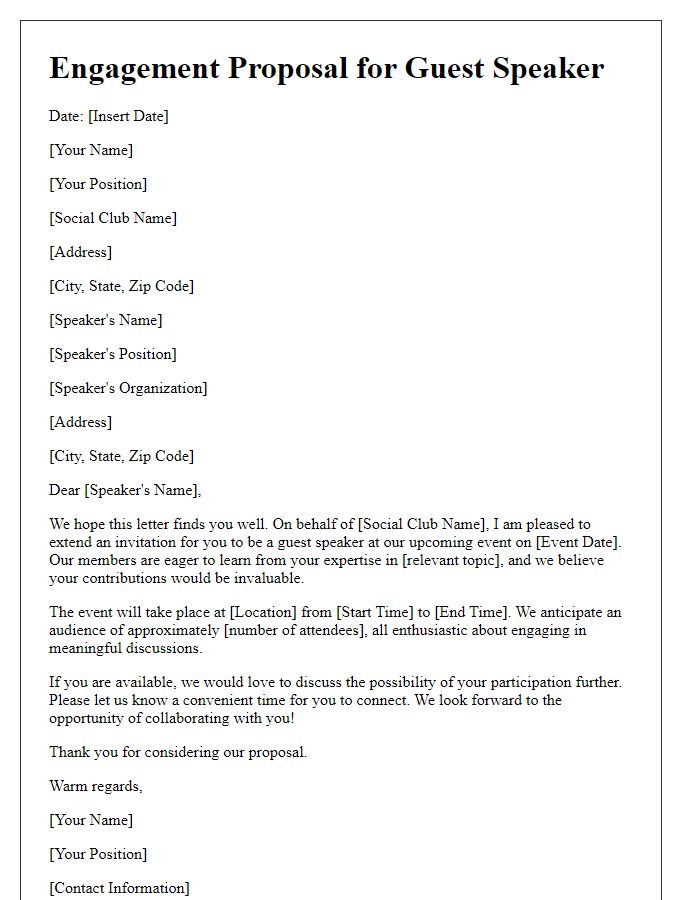 Letter template of engagement proposal for a social club guest speaker.