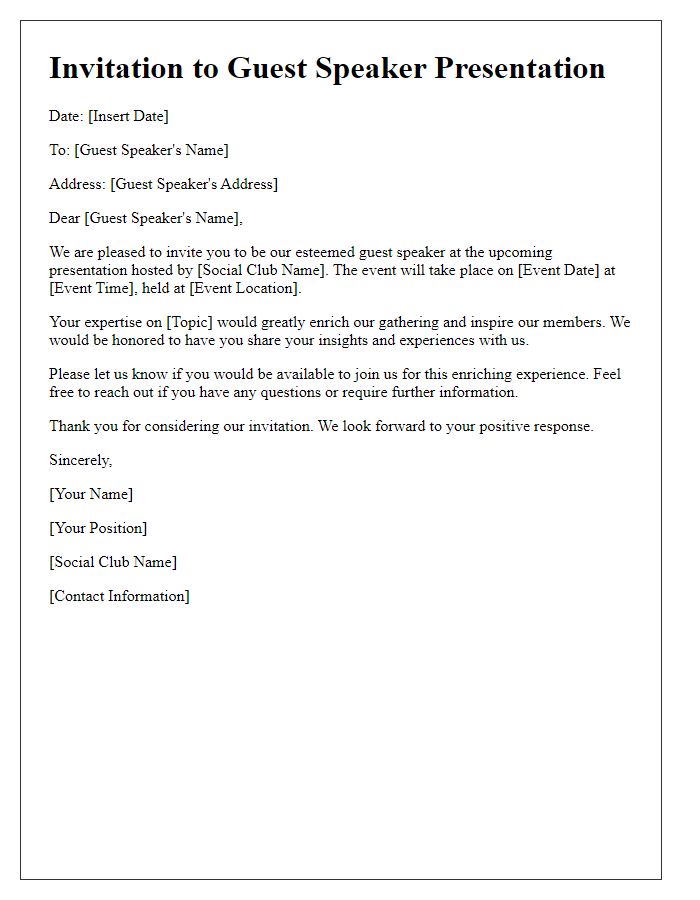 Letter template of formal invite for social club guest speaker presentation.