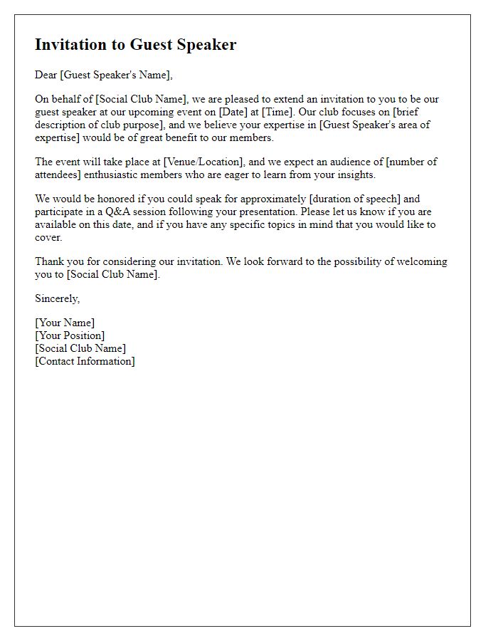 Letter template of invitation for guest speaker contribution to our social club.