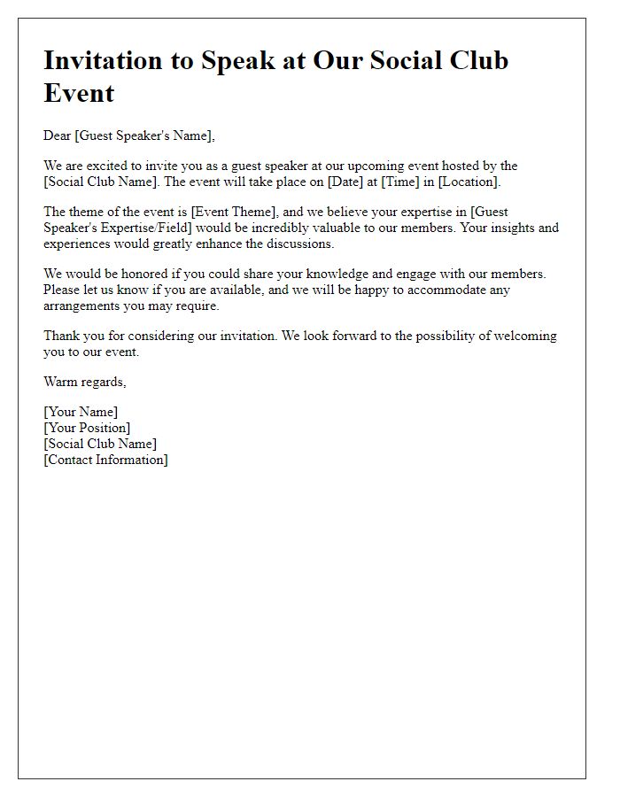 Letter template of invitation to a guest speaker for social club event.