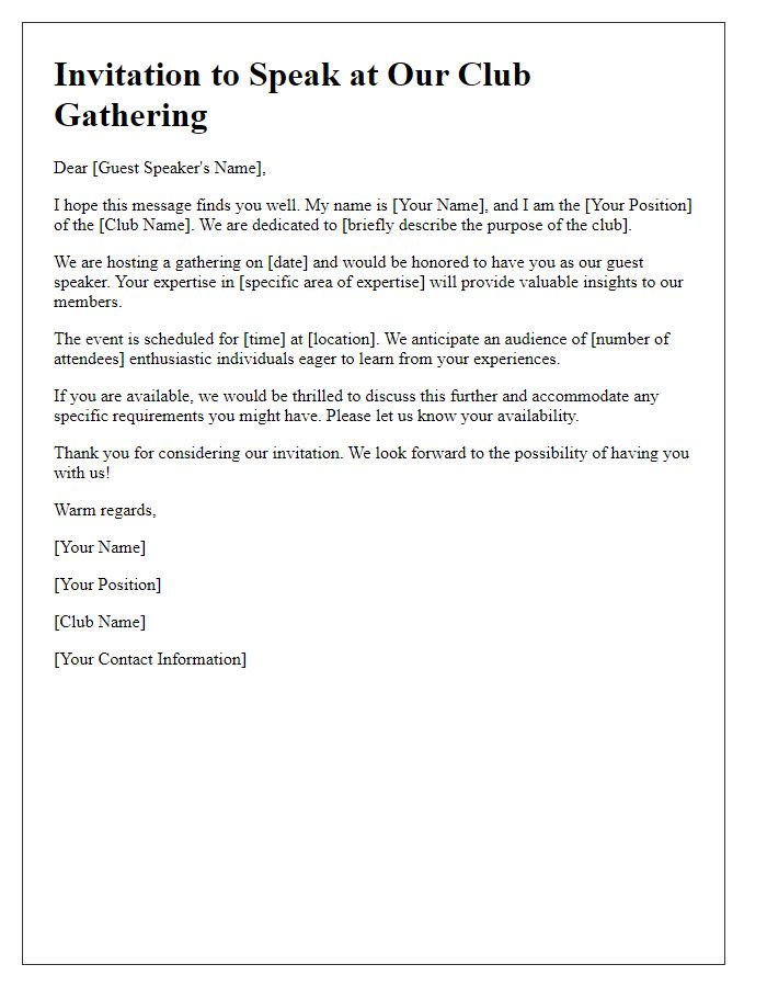 Letter template of outreach to potential guest speaker for club gathering.