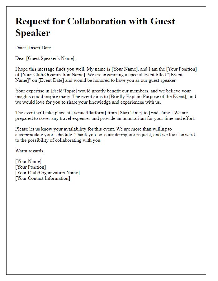 Letter template of request for collaboration with a guest speaker for club event.