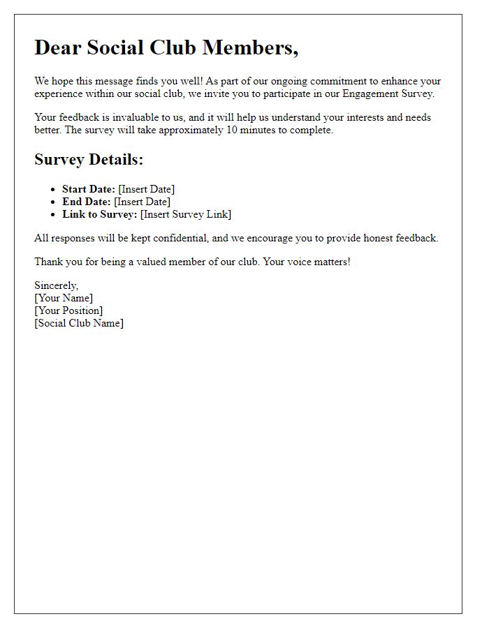 Letter template of Engagement Survey for Social Club Members