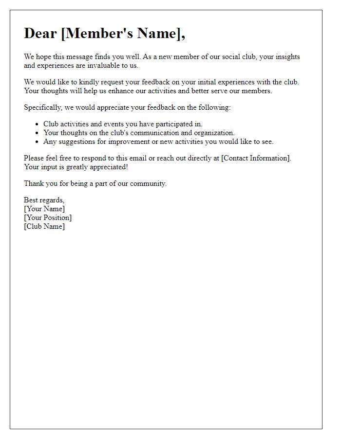 Letter template of Feedback Request for New Social Club Members