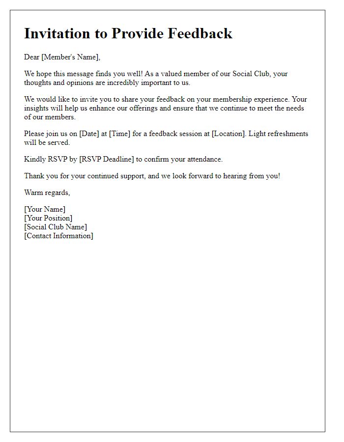 Letter template of Invitation for Social Club Membership Feedback