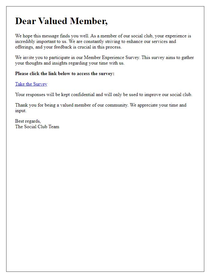 Letter template of Social Club Member Experience Survey Request