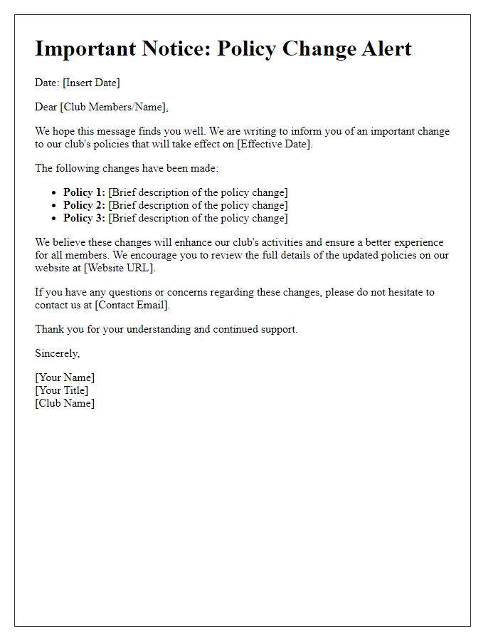 Letter template of Important Social Club Policy Change Alert