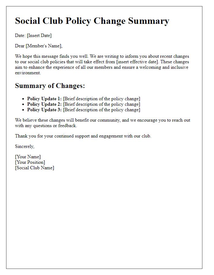 Letter template of Social Club Policy Change Summary Letter