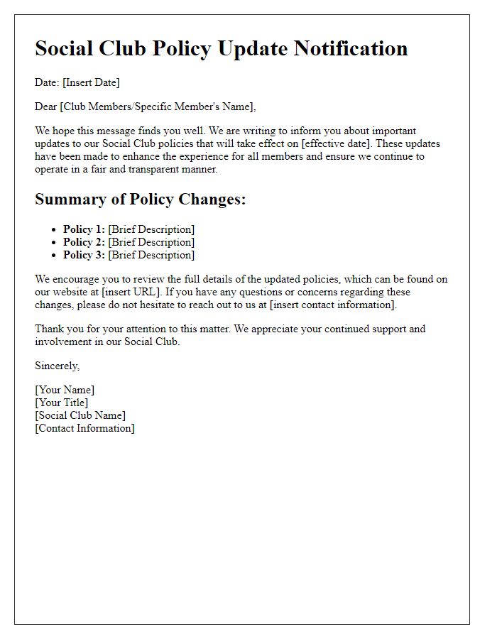 Letter template of Social Club Policy Update Notification