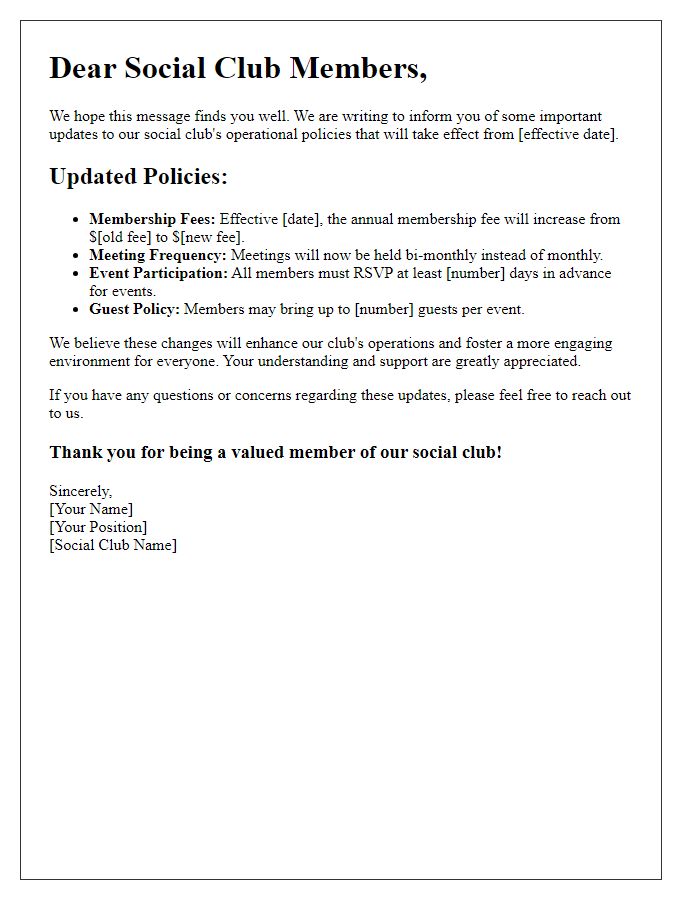 Letter template of Update on Social Club Operational Policies