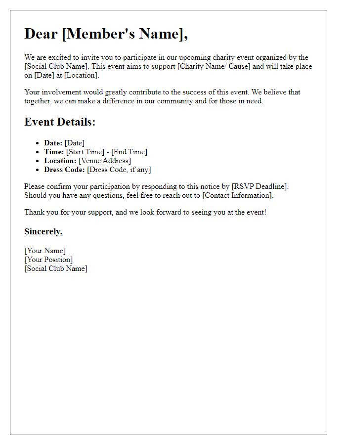 Letter template of social club charity event participation notice