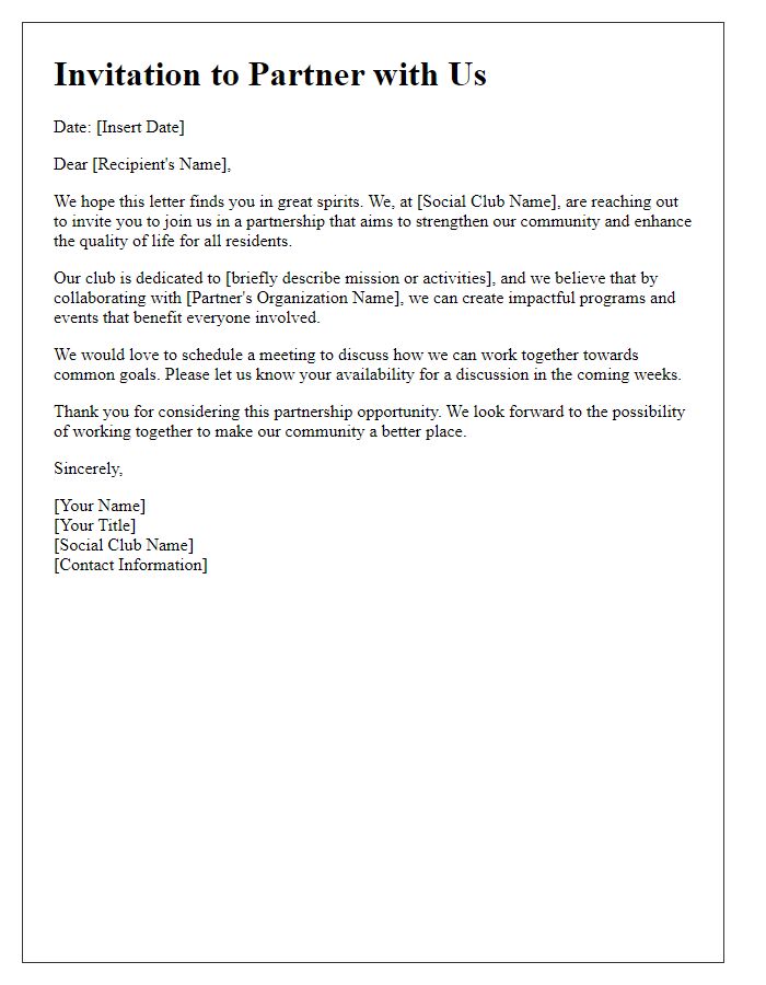 Letter template of social club community partnership invitation